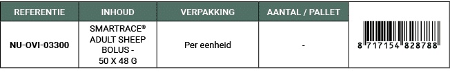 REFERENTIE,INHOUD,VERPAKKING,AANTAL / PALLET,￼,NU OVI 03300,SMARTRACE® ADULT SHEEP BOLUS 50 X 48 G,Per eenheid, 