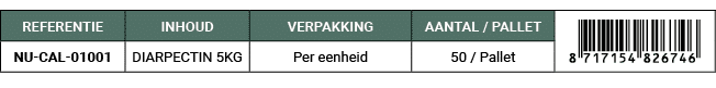 REFERENTIE,INHOUD,VERPAKKING,AANTAL / PALLET,￼,NU CAL 01001,DIARPECTIN 5KG,Per eenheid,50 / Pallet