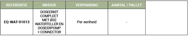 REFERENTIE,INHOUD,VERPAKKING,AANTAL / PALLET,,EQ WAT 01013,DOSEERKIT COMPLEET MET 32 WATERTELLER EN DOSEERPOMP + CON...