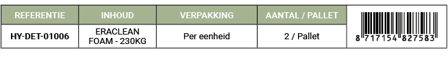 REFERENTIE,INHOUD,VERPAKKING,AANTAL / PALLET,￼,HY DET 01006,ERACLEAN FOAM 230KG,Per eenheid,2 / Pallet