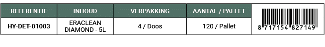 REFERENTIE,INHOUD,VERPAKKING,AANTAL / PALLET,￼,HY DET 01003,ERACLEAN DIAMOND 5L,4 / Doos,120 / Pallet