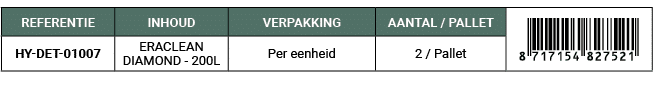 REFERENTIE,INHOUD,VERPAKKING,AANTAL / PALLET,￼,HY DET 01007,ERACLEAN DIAMOND 200L,Per eenheid,2 / Pallet