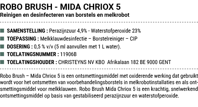 ROBO BRUSH MIDA CHRIOX 5 Reinigen en desinfecteren van borstels en melkrobot ■ SAMENSTELLING : Perazijnzuur 4,9% Wate...