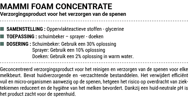 MAMMI FOAM CONCENTRATE Verzorgingsproduct voor het verzorgen van de spenen ■ SAMENSTELLING : Oppervlakteactieve stoff...