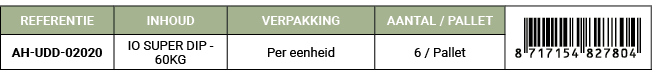 REFERENTIE,INHOUD,VERPAKKING,AANTAL / PALLET,￼,AH UDD 02020,IO SUPER DIP 60KG,Per eenheid,6 / Pallet