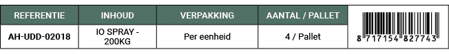 REFERENTIE,INHOUD,VERPAKKING,AANTAL / PALLET,￼,AH UDD 02018,IO SPRAY 200KG,Per eenheid,4 / Pallet