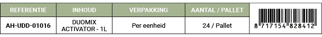 REFERENTIE,INHOUD,VERPAKKING,AANTAL / PALLET,￼,AH UDD 01016,DUOMIX ACTIVATOR 1L,Per eenheid,24 / Pallet