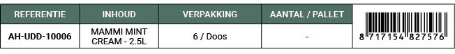 REFERENTIE,INHOUD,VERPAKKING,AANTAL / PALLET,￼,AH UDD 10006,MAMMI MINT CREAM 2.5L,6 / Doos, 