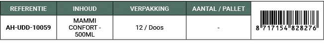 REFERENTIE,INHOUD,VERPAKKING,AANTAL / PALLET,￼,AH UDD 10059,MAMMI CONFORT 500ML,12 / Doos, 