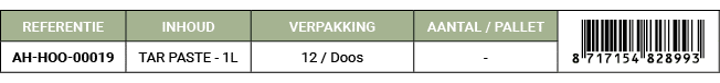 REFERENTIE,INHOUD,VERPAKKING,AANTAL / PALLET,￼,AH HOO 00019,TAR PASTE 1L,12 / Doos, 