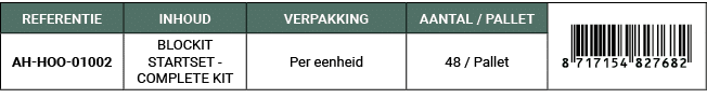 REFERENTIE,INHOUD,VERPAKKING,AANTAL / PALLET,￼,AH HOO 01002,BLOCKIT STARTSET COMPLETE KIT,Per eenheid,48 / Pallet