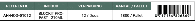 REFERENTIE,INHOUD,VERPAKKING,AANTAL / PALLET,￼,AH HOO 01012,BLOCKIT PRO FAST 210ML,12 / Doos,1800 / Pallet