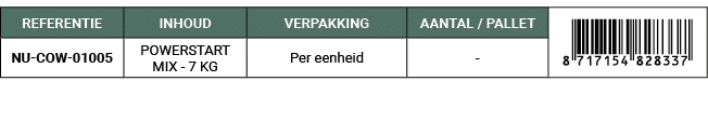 REFERENTIE,INHOUD,VERPAKKING,AANTAL / PALLET,￼,NU COW 01005,POWERSTART MIX 7 KG,Per eenheid, 
