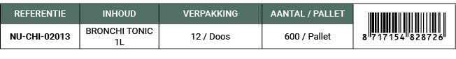 REFERENTIE,INHOUD,VERPAKKING,AANTAL / PALLET,￼,NU CHI 02013,BRONCHI TONIC 1L,12 / Doos,600 / Pallet