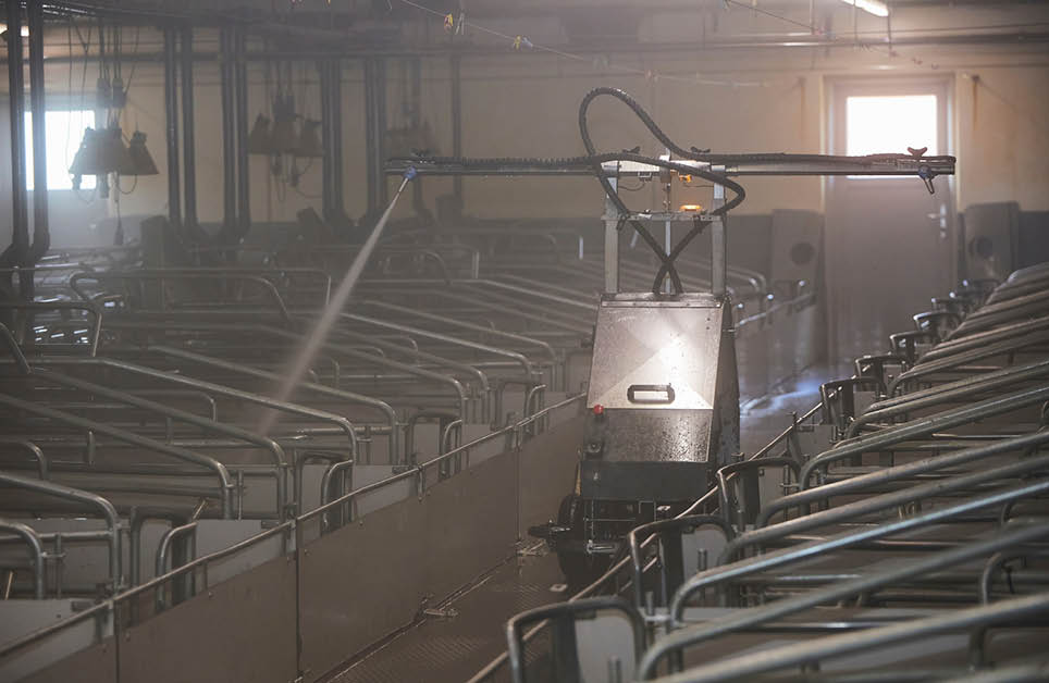 A robot washes a modern pig farm in Denmark.
