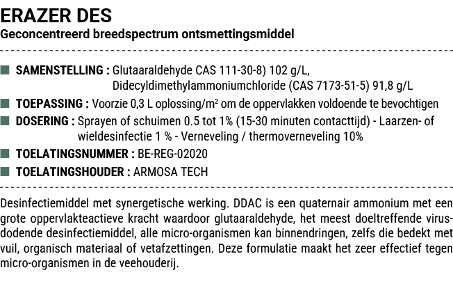 ERAZER DES Geconcentreerd breedspectrum ontsmettingsmiddel ■ SAMENSTELLING : Glutaaraldehyde CAS 111 30 8) 102 g/L, D...