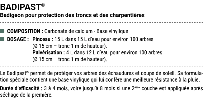 BADIPAST® Badigeon pour protection des troncs et des charpenti res ■ COMPOSITION : Carbonate de calcium Base vinyliqu...