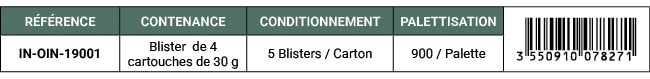 R F RENCE,CONTENANCE,CONDITIONNEMENT,PALETTISATION,￼,IN OIN 19001,Blister de 4 cartouches de 30 g,5 Blisters / Carton...