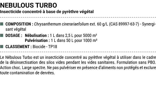 NEBULOUS TURBO Insecticide concentr   base de pyr thre v g tal ■ COMPOSITION : Chrysanthemum cinerariaefolium ext. 6...