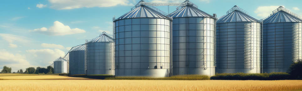 Silos in a wheat field. Storage of agricultural production.