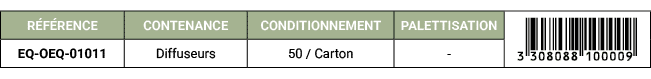 R F RENCE,CONTENANCE,CONDITIONNEMENT,PALETTISATION,￼,EQ OEQ 01011,Diffuseurs,50 / Carton, 