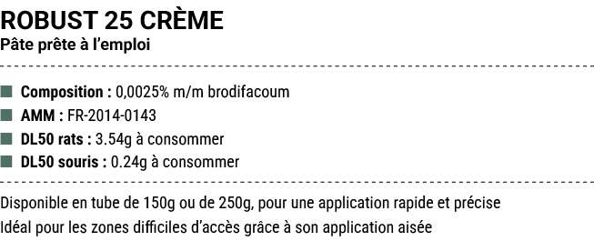 ROBUST 25 CR ME P te pr te  l’emploi ■ Composition : 0,0025% m/m brodifacoum ■ AMM : FR 2014 0143 ■ DL50 rats : 3.54...