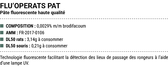 FLU’OPERATS PAT P te fluorescente haute qualit ■ COMPOSITION : 0,0029% m/m brodifacoum ■ AMM : FR 2017 0106 ■ DL50 r...