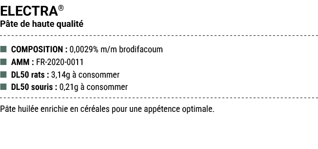 ELECTRA® P te de haute qualit ■ COMPOSITION : 0,0029% m/m brodifacoum ■ AMM : FR 2020 0011 ■ DL50 rats : 3,14g   con...