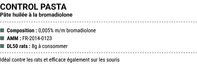 CONTROL PASTA P te huil e  la bromadiolone ■ Composition : 0,005% m/m bromadiolone ■ AMM : FR 2014 0123 ■ DL50 rats ...