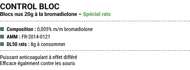 CONTROL BLOC Blocs nus 20g  la bromadiolone – Sp cial rats ■ Composition : 0,005% m/m bromadiolone ■ AMM : FR 2014 0...