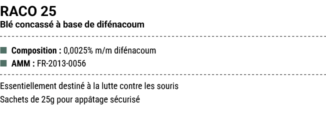 RACO 25 Bl concass    base de dif nacoum ■ Composition : 0,0025% m/m dif nacoum ■ AMM : FR 2013 0056 Essentiellement...