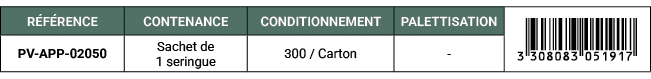 R F RENCE,CONTENANCE,CONDITIONNEMENT,PALETTISATION,￼,PV APP 02050,Sachet de 1 seringue,300 / Carton, 