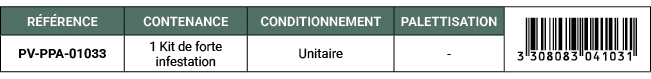R F RENCE,CONTENANCE,CONDITIONNEMENT,PALETTISATION,￼,PV PPA 01033,1 Kit de forte infestation,Unitaire, 