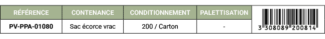 R F RENCE,CONTENANCE,CONDITIONNEMENT,PALETTISATION,￼,PV PPA 01080,Sac corce vrac,200 / Carton, 
