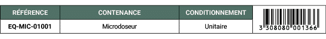 R F RENCE,CONTENANCE,CONDITIONNEMENT,￼,EQ MIC 01001,Microdoseur,Unitaire