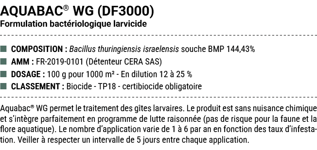 AQUABAC® WG (DF3000) Formulation bact riologique larvicide ■ COMPOSITION : Bacillus thuringiensis israelensis souche ...