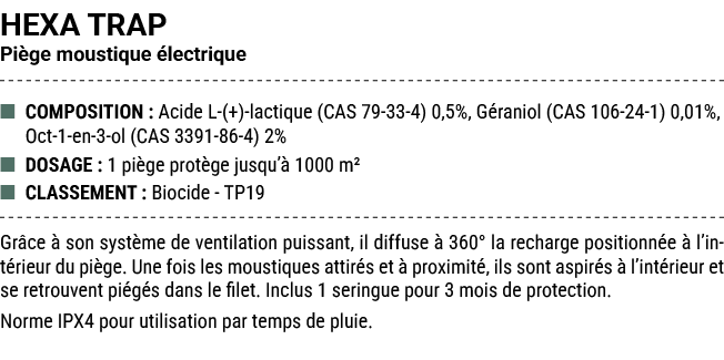 HEXA TRAP Pi ge moustique lectrique ■ COMPOSITION : Acide L (+) lactique (CAS 79 33 4) 0,5%, G raniol (CAS 106 24 1)...