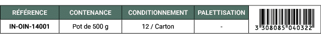 R F RENCE,CONTENANCE,CONDITIONNEMENT,PALETTISATION,￼,IN OIN 14001,Pot de 500 g,12 / Carton, 