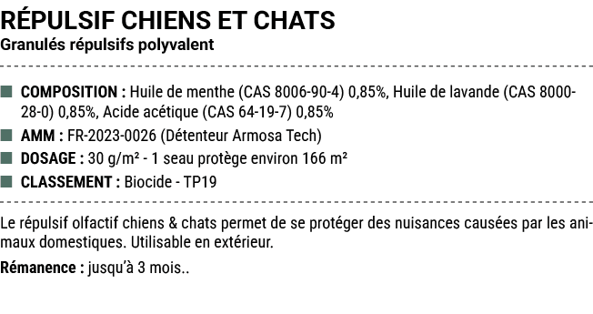 R PULSIF CHIENS ET CHATS Granul s r pulsifs polyvalent ■ COMPOSITION : Huile de menthe (CAS 8006 90 4) 0,85%, Huile d...