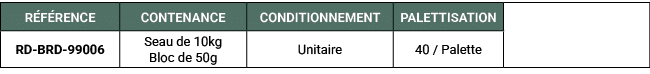 R F RENCE,CONTENANCE,CONDITIONNEMENT,PALETTISATION,,RD BRD 99006,Seau de 10kg Bloc de 50g,Unitaire,40 / Palette