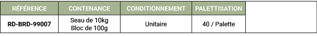 R F RENCE,CONTENANCE,CONDITIONNEMENT,PALETTISATION,,RD BRD 99007,Seau de 10kg Bloc de 100g,Unitaire,40 / Palette