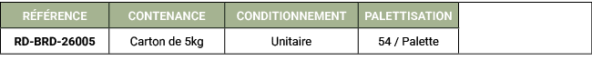 R F RENCE,CONTENANCE,CONDITIONNEMENT,PALETTISATION,,RD BRD 26005,Carton de 5kg,Unitaire,54 / Palette