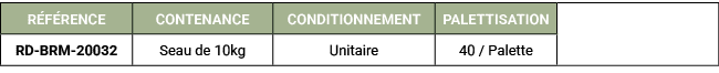 R F RENCE,CONTENANCE,CONDITIONNEMENT,PALETTISATION,,RD BRM 20032,Seau de 10kg,Unitaire,40 / Palette