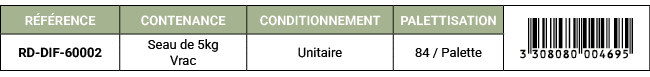 R F RENCE,CONTENANCE,CONDITIONNEMENT,PALETTISATION,￼,RD DIF 60002,Seau de 5kg Vrac,Unitaire,84 / Palette