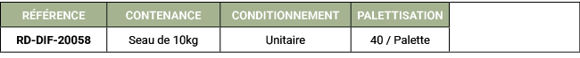 R F RENCE,CONTENANCE,CONDITIONNEMENT,PALETTISATION,,RD DIF 20058,Seau de 10kg,Unitaire,40 / Palette