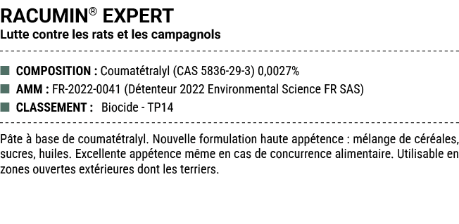 RACUMIN® EXPERT Lutte contre les rats et les campagnols ■ COMPOSITION : Coumat tralyl (CAS 5836 29 3) 0,0027% ■ AMM :...