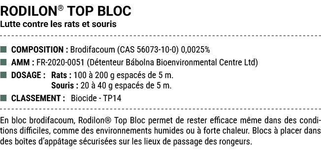 RODILON® TOP BLOC Lutte contre les rats et souris ■ COMPOSITION : Brodifacoum (CAS 56073 10 0) 0,0025% ■ AMM : FR 202...