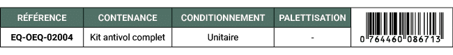R F RENCE,CONTENANCE,CONDITIONNEMENT,PALETTISATION,￼,EQ OEQ 02004,Kit antivol complet,Unitaire, 