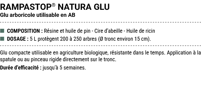 RAMPASTOP® NATURA GLU Glu arboricole utilisable en AB ■ COMPOSITION : R sine et huile de pin Cire d’abeille Huile de ...