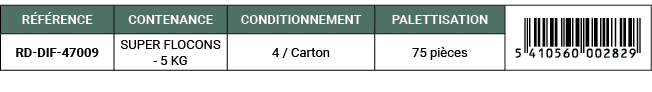 R F RENCE,CONTENANCE,CONDITIONNEMENT,PALETTISATION,￼,RD DIF 47009,SUPER FLOCONS 5 KG,4 / Carton,75 pi ces